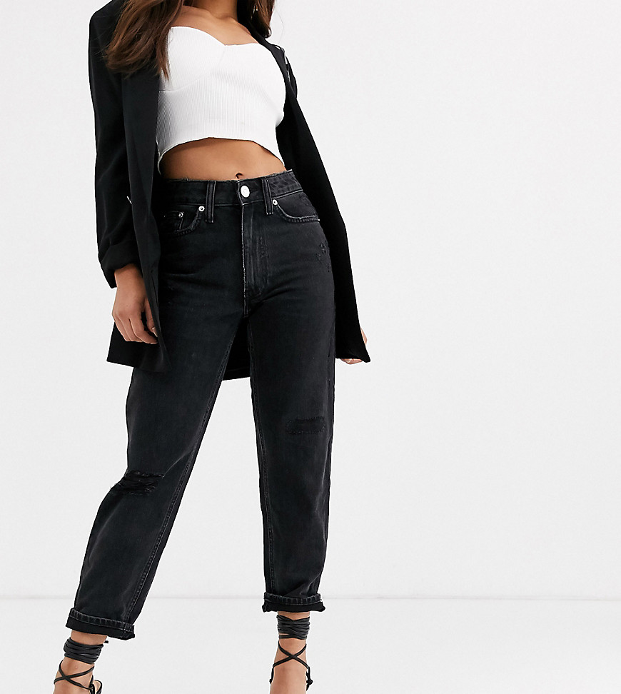 River Island Petite distressed mom jeans in black-Blues