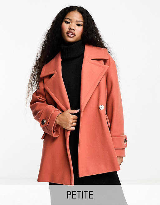 River Island Petite double breasted swing coat in coral