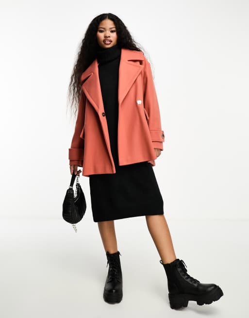 River Island Petite double breasted swing coat in coral