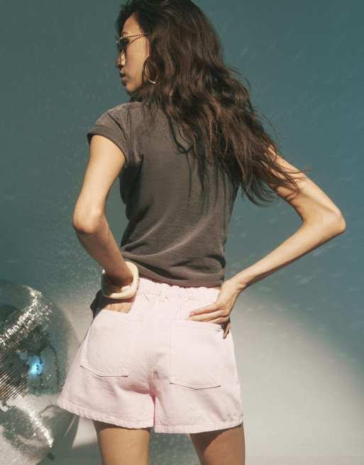 River Island Petite Elasticated denim shorts in pink, 4 of 4