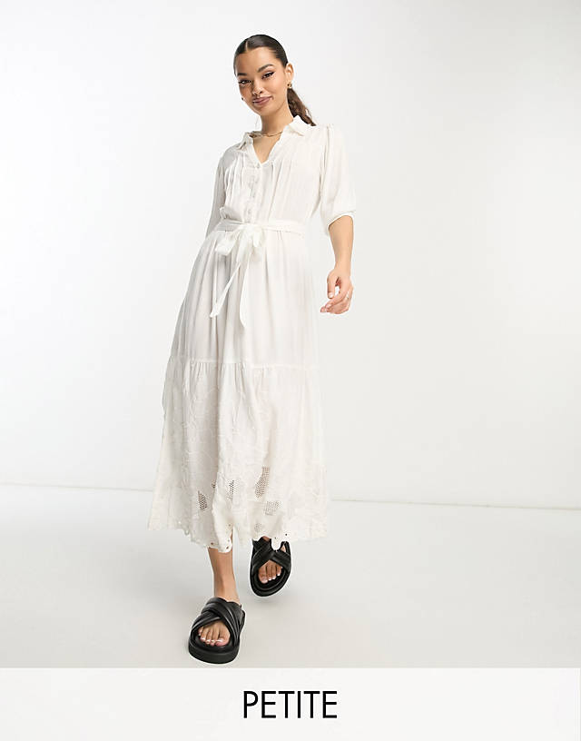 River Island Petite embroidered maxi shirt dress in white