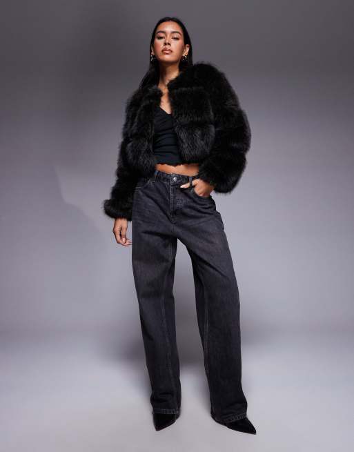 River Island petite faux fur panelled jacket in dark brown, 2 of 4