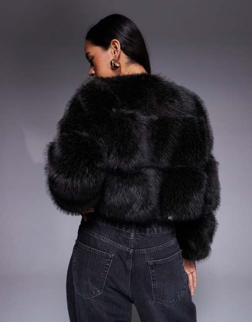 River Island petite faux fur panelled jacket in dark brown, 3 of 4