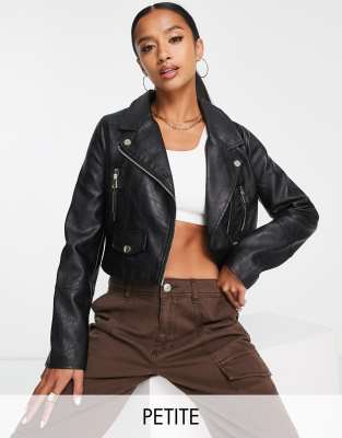 River Island Petite faux leather biker jacket in black