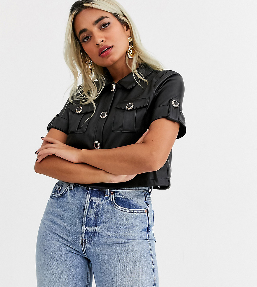 River Island Petite faux leather cropped shirt in black