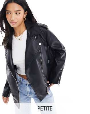 River Island Petite Faux Leather Oversized Biker Jacket In Black