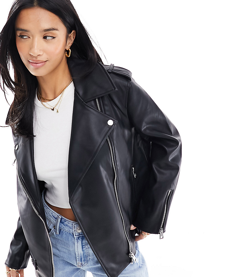 faux leather oversized biker jacket in black
