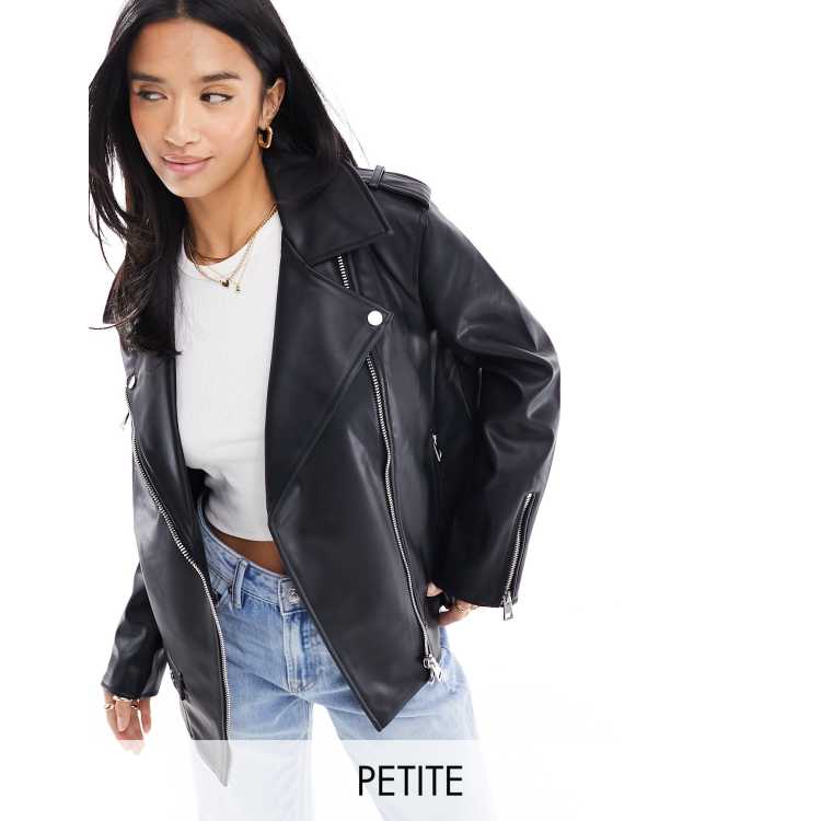 River Island petite faux leather oversized biker jacket in black ASOS