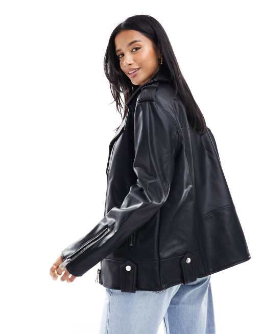 River island faux leather biker jacket with hood in black on sale