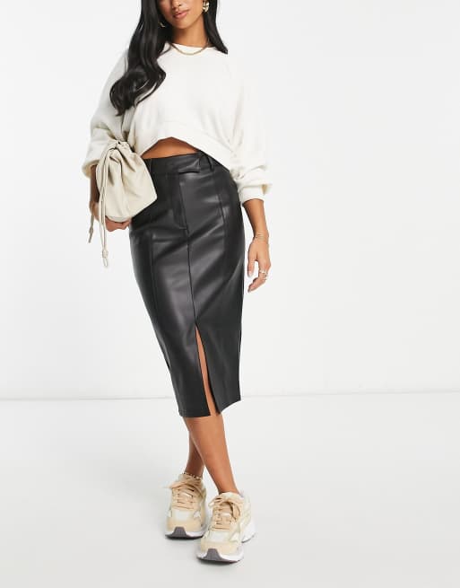 River Island Petite faux leather pencil midi skirt in black