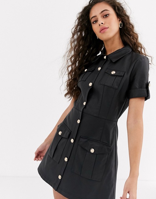 River Island Petite faux leather shirt dress in black