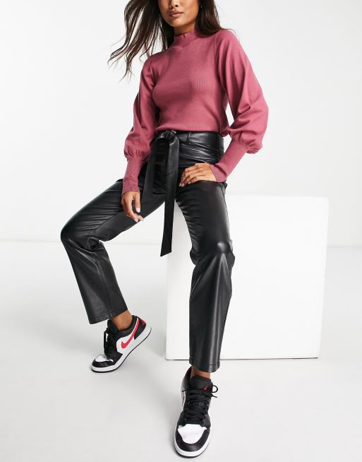 Stone Belted Straight Leg Faux Leather Trousers