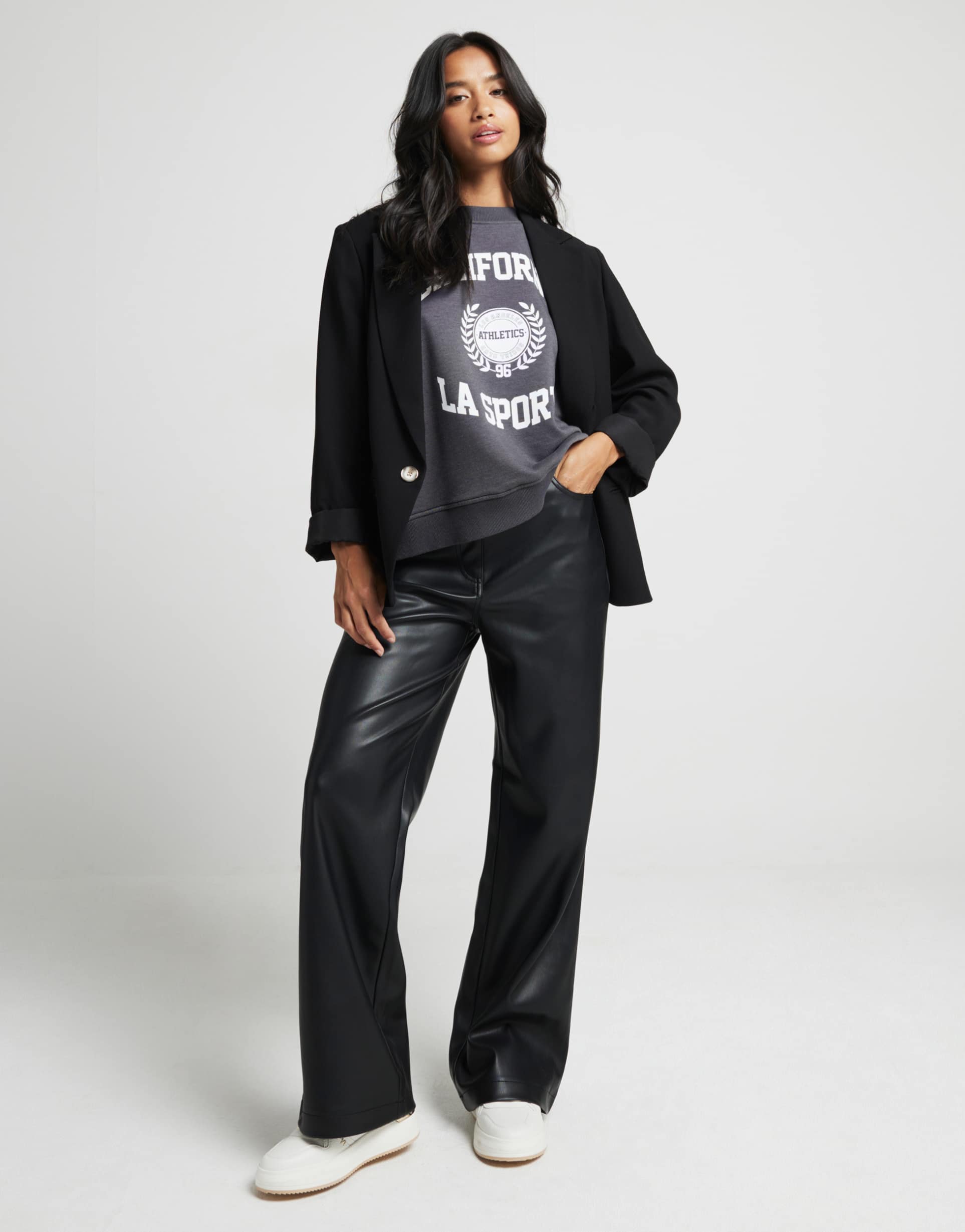 river island petite faux leather straight leg pants in black