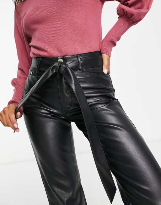 River Island Petite faux leather straight leg trouser in black