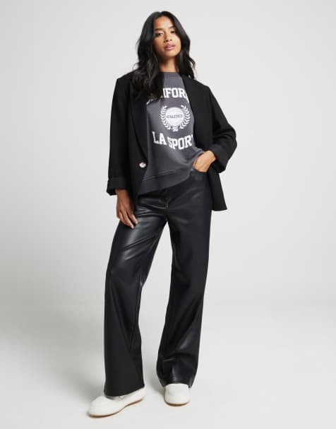 River Island Petite faux leather straight leg trouser in black