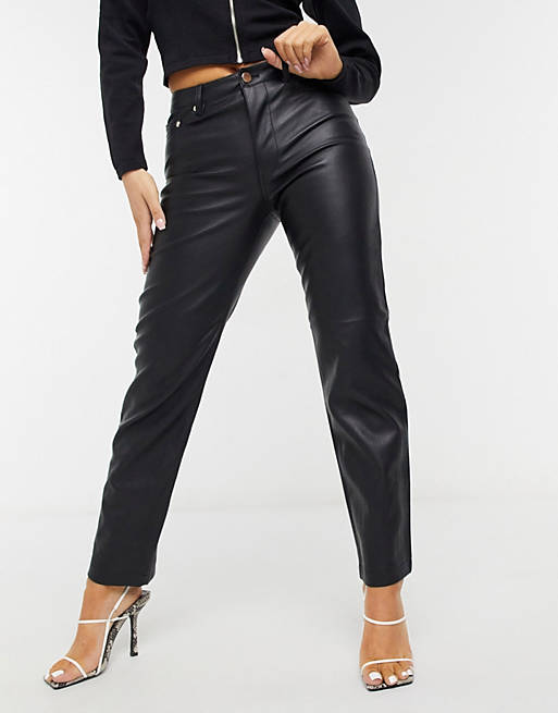 River Island Petite faux leather straight leg trouser in black