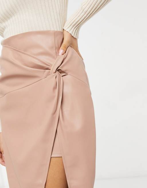 River Island Petite faux leather twist wrap midi skirt in camel, 3 of 4