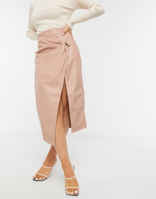 River Island Petite faux leather twist wrap midi skirt in camel, 4 of 4