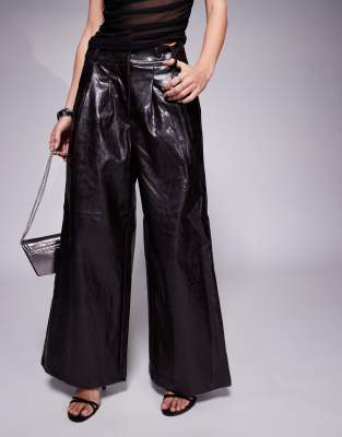 River Island Petite Faux Leather Wide Leg Pants In Brown