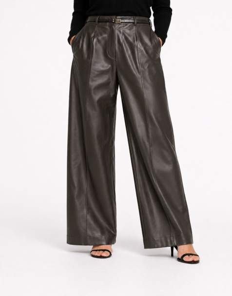River Island Petite Faux leather wide leg trousers in brown - dark