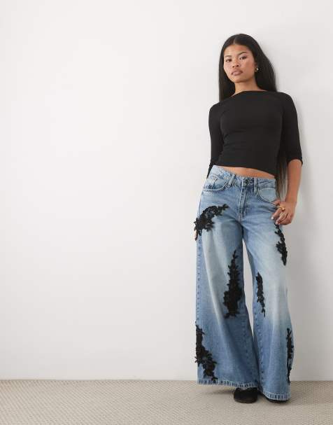 River Island petite floral applique baggy fit jeans in medium denim - view 1