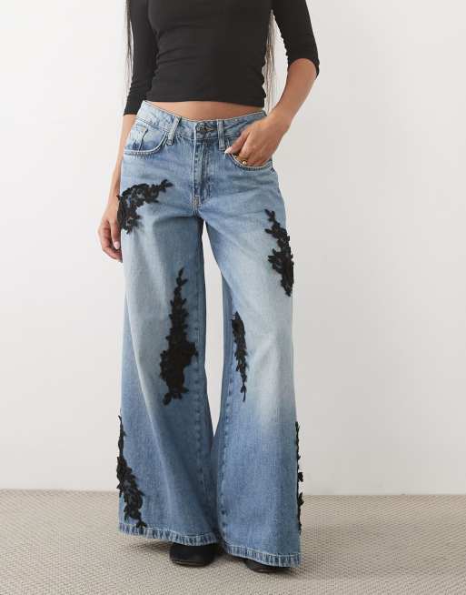River Island petite floral applique baggy fit jeans in medium denim, 2 of 5