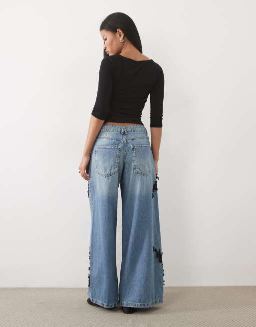 River Island petite floral applique baggy fit jeans in medium denim, 5 of 5