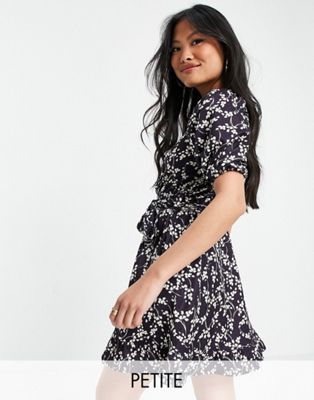 River Island Petite floral belted wrap mini dress in navy