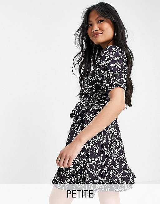 River Island Petite floral belted wrap mini dress in navy