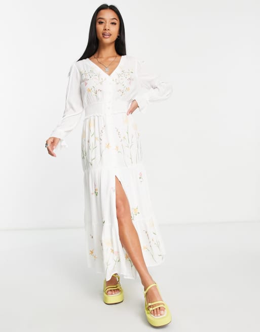 River Island Petite floral embroirdered midi dress in cream ASOS