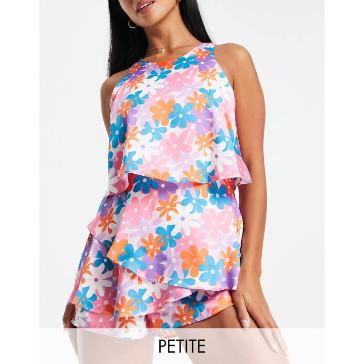 River Island Petite floral frill layer playsuit in bright pink ASOS