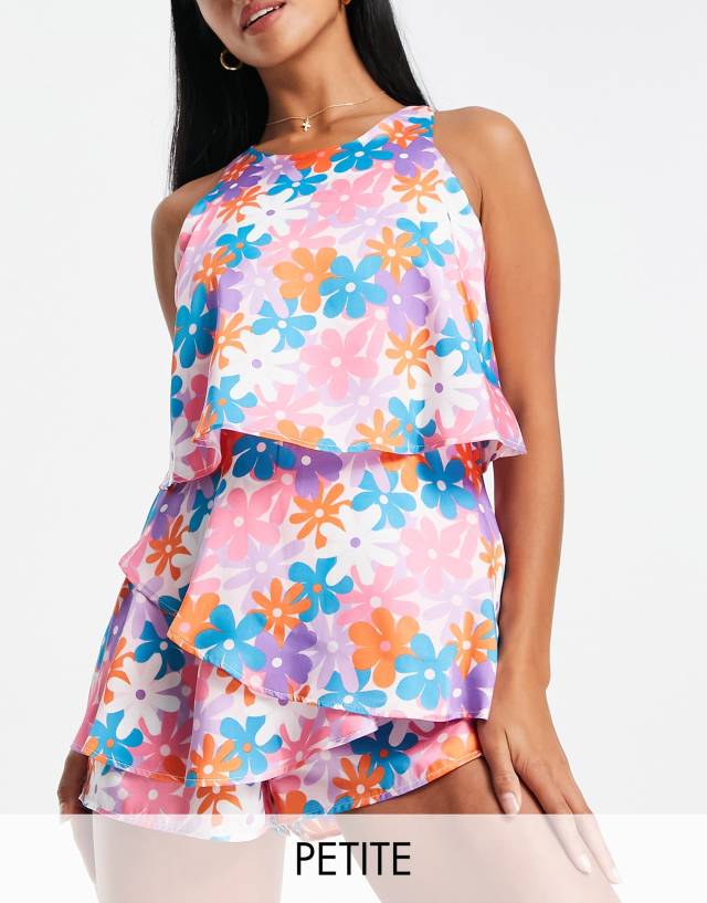 River Island Petite floral frill layer romper in bright pink