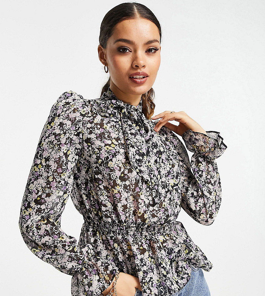 River Island Petite floral print pussybow blouse in purple-Black