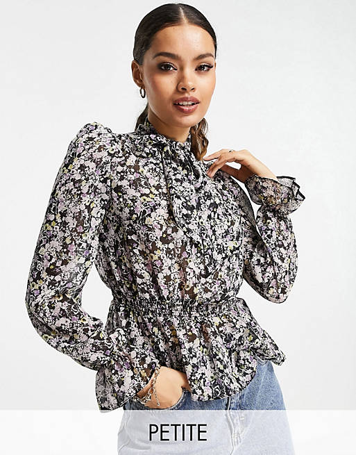 River Island Petite floral print pussybow blouse in purple
