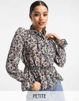 River Island Petite floral print pussybow blouse in purple | ASOS