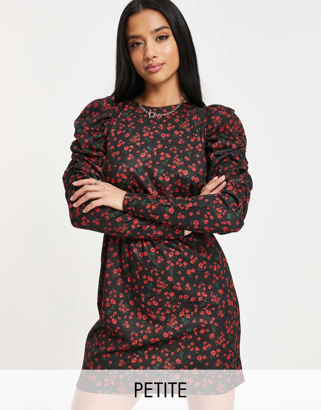 River Island Petite floral puff sleeved mini dress in black