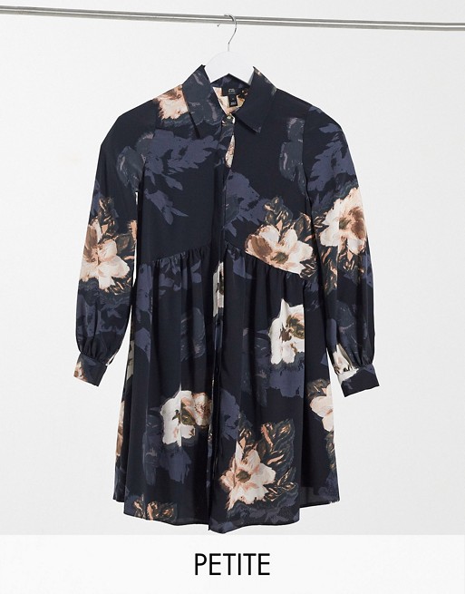 River Island Petite floral smock mini shirt dress in black