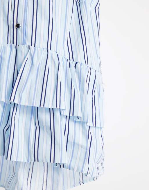 River Island Petite frill hem striped sleeveless shirt in blue, 4 of 4