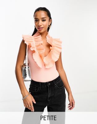 River Island Petite frill neck top in peach-Orange