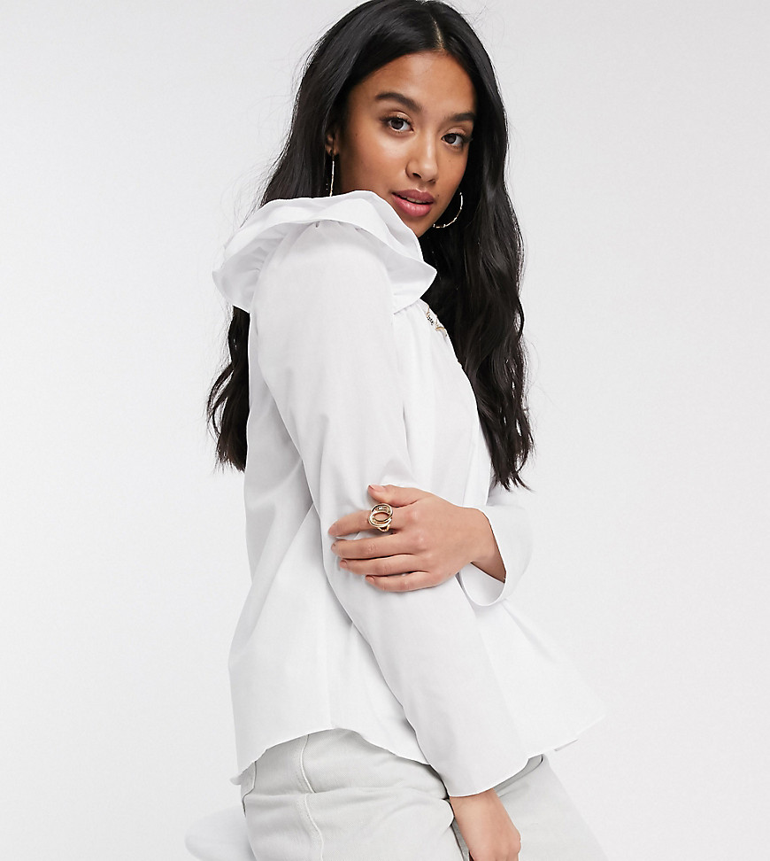 River Island Petite frill shoulder detail top in white