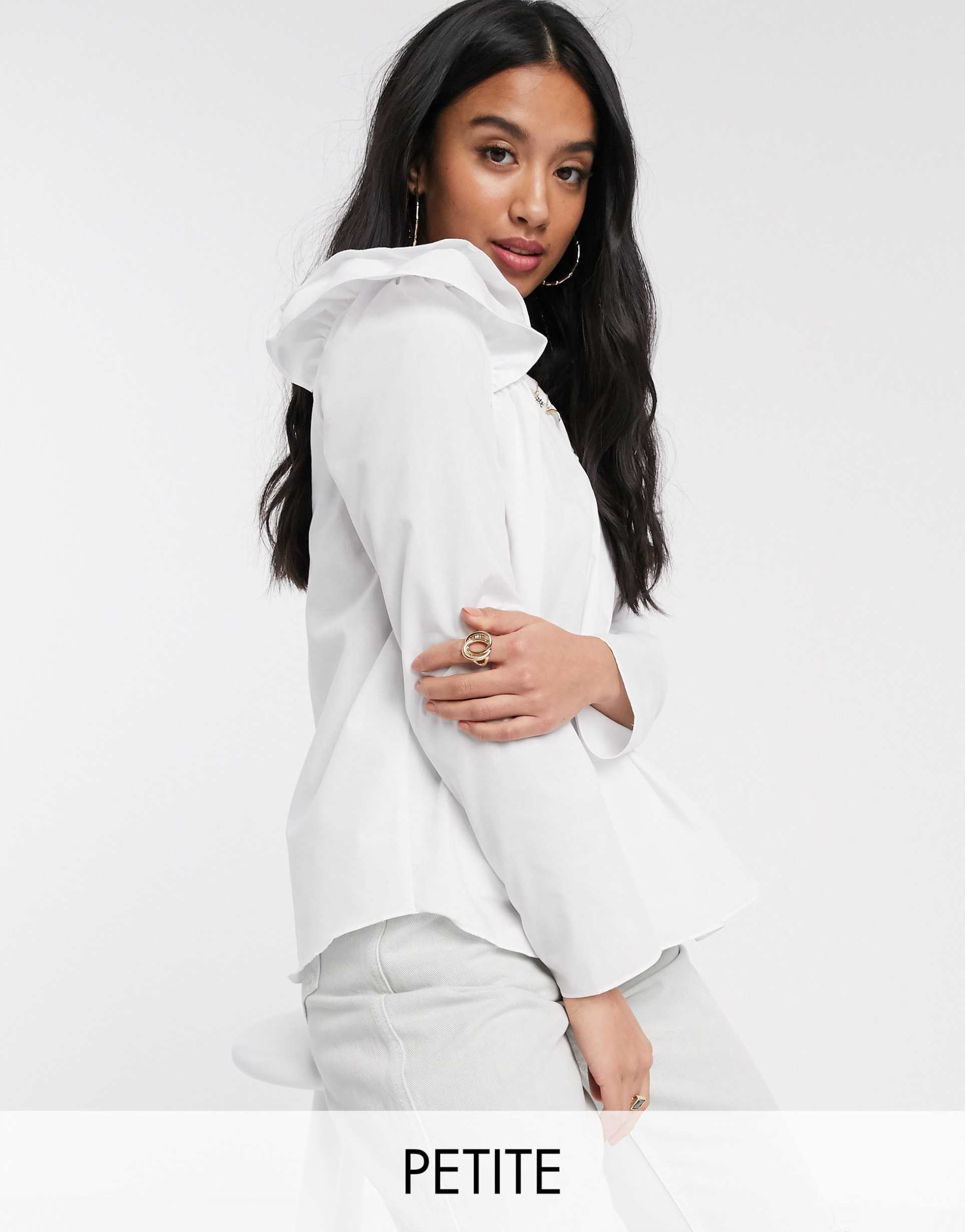 river island petite frill shoulder detail top in white