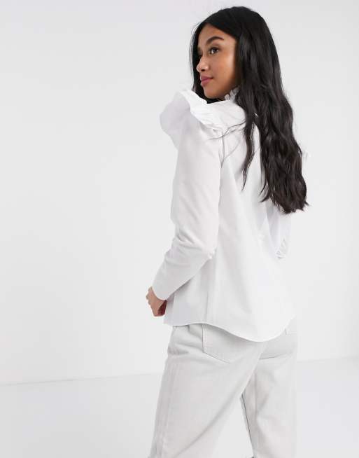 River Island Petite frill shoulder detail top in white, 2 of 4