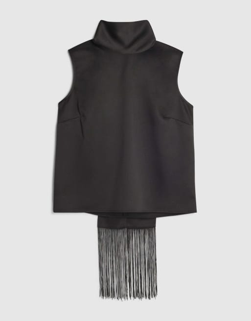 River Island Petite fringe scarf tank top in black , 3 of 4