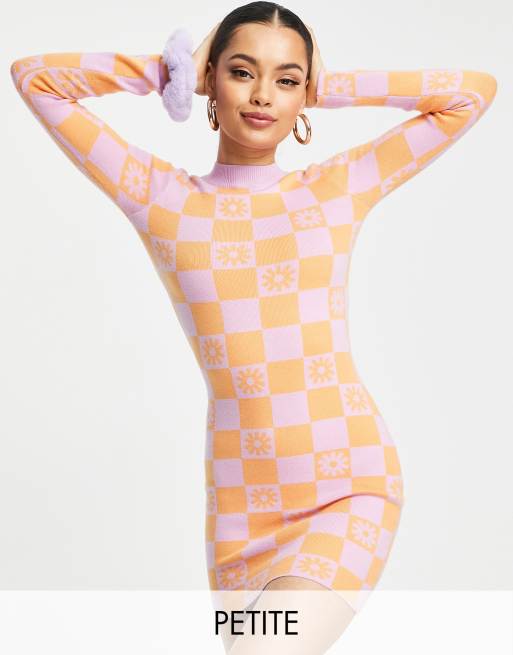 River Island Petite - Gebreide mini-jurk met ronde hals en dambordprint