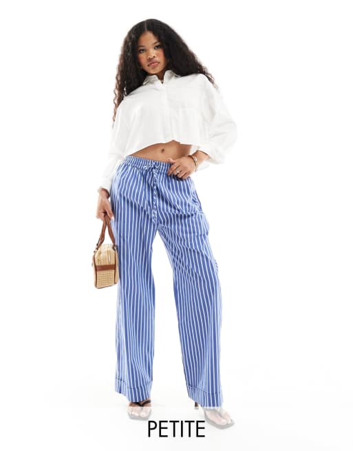 River Island Petite - Gestreepte broek van popeline met elastische taille in middenblauw