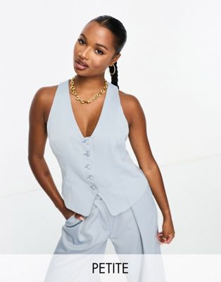 River Island Petite co-ord button front waistcoast in light blue - ASOS Price Checker