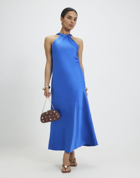 River Island Petite Halter neck midi slip dress in navy