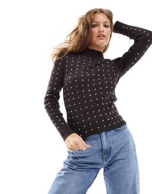 River Island Petite River Island Petite heatseal roll neck top in dark brown