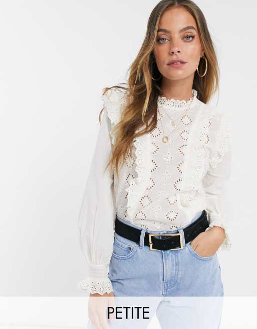 river island long sleeve broderie lace shirt dress in white