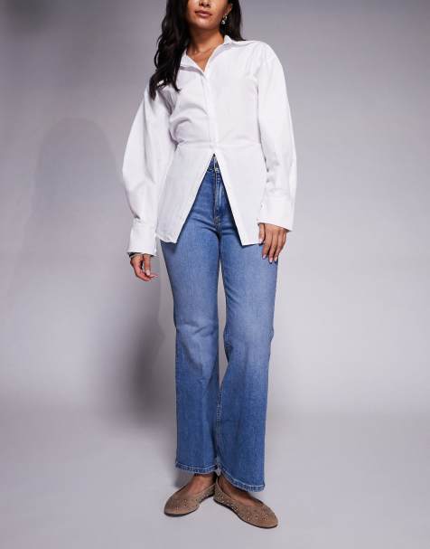 River Island petite high rise pocket detail flare jeans in light denim - view 1